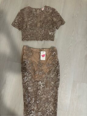 L'ATISTE Taupe Floral Lace Two-Piece Dress